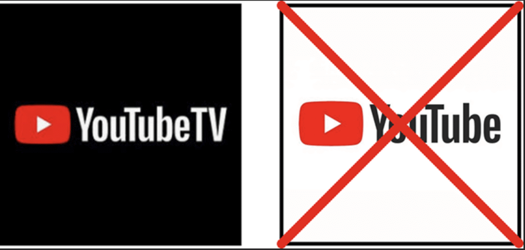 Side-by-side logos: on the left, the YouTube TV logo on a black background; on the right, the YouTube logo on a white background with a large red X over it.